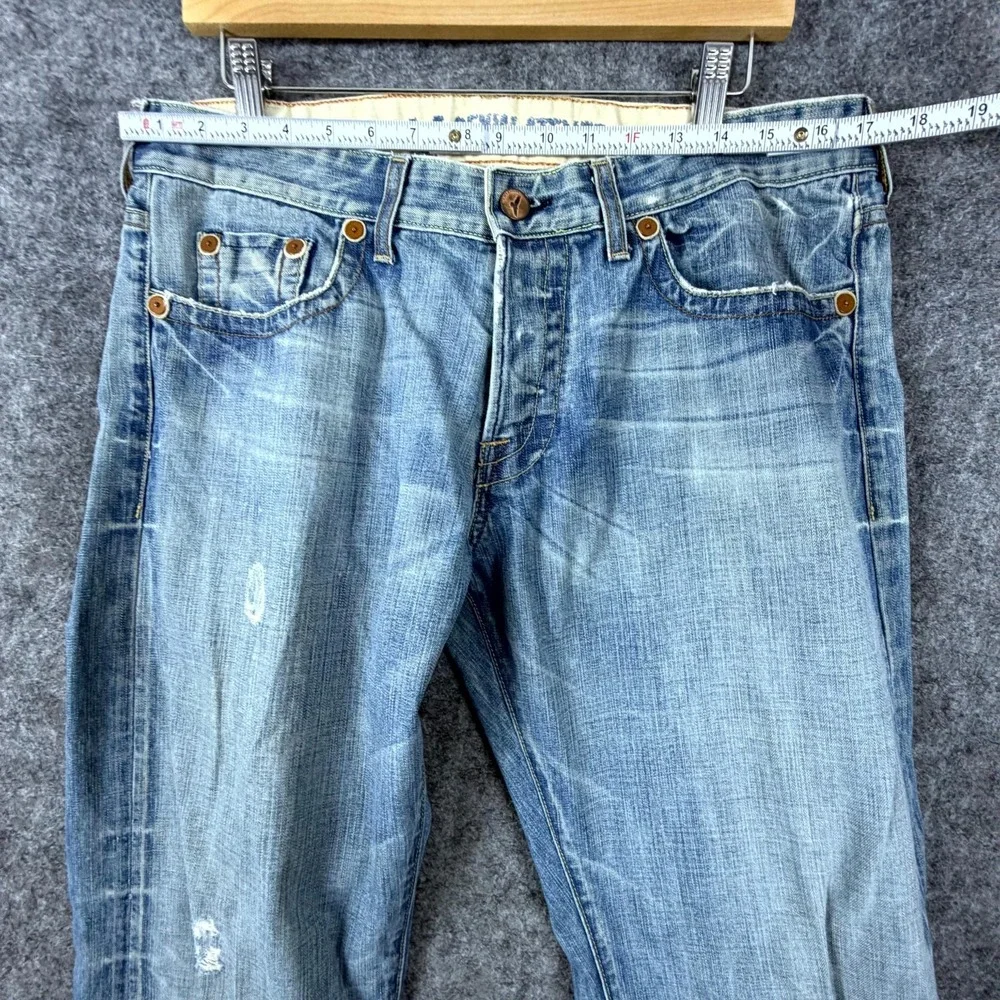 LA Denim Atelier Jeans Mens 34 Blue Denim Distressed Whiskers Low Rise Straight